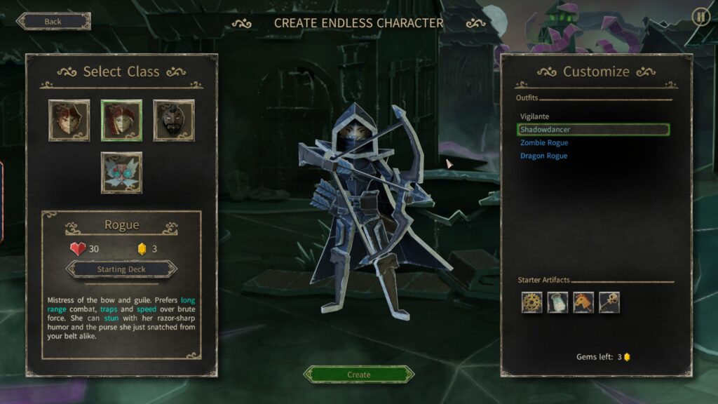 Choosing character, starting artifacts on the bottom right
